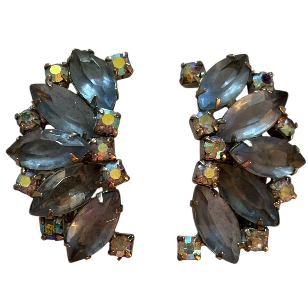 Frosted Light Blue Rhinestone Clip On Earrings High End Show Stopper Climber